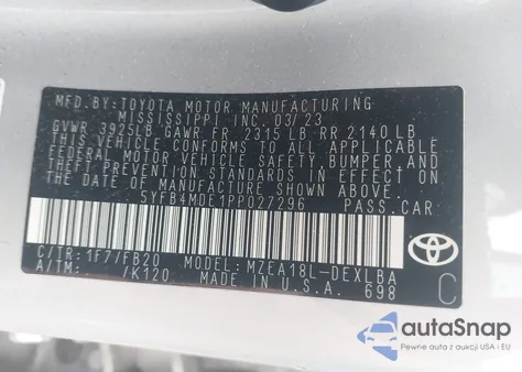 2023 Toyota Corolla Le z USA, uszkodzony, nr VIN 5YFB4MDE1PP027296